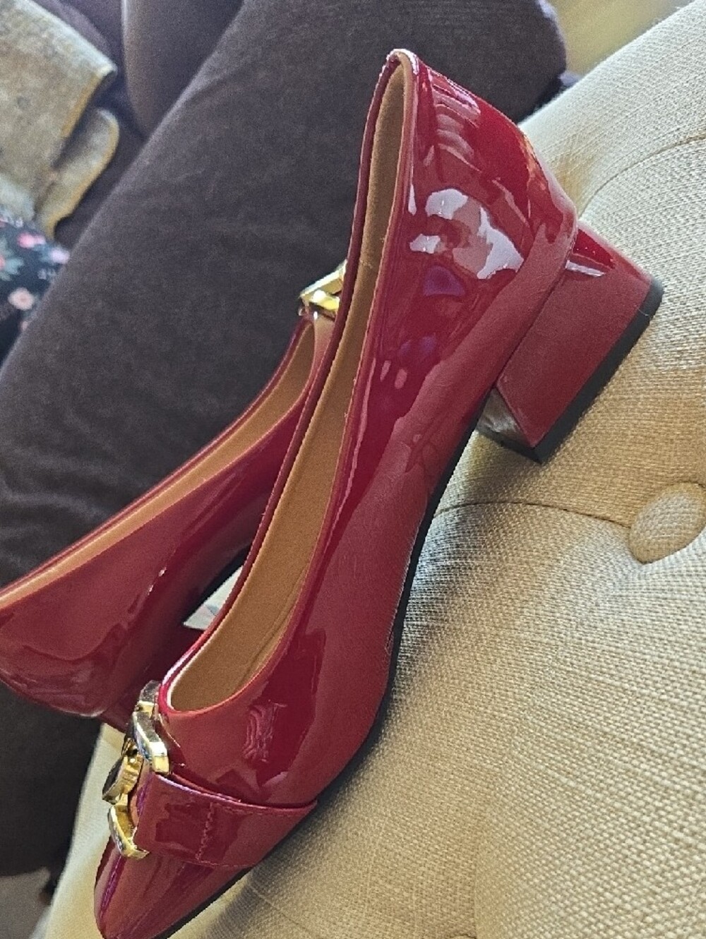 Red Patent Low Heels with Gold Accent - Picture 3 of 5